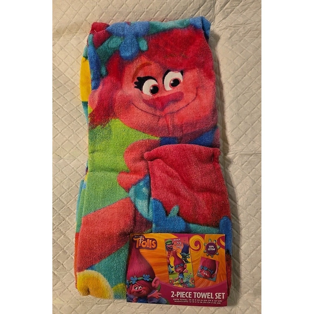 Trolls Kids Cotton 2 Piece Towel and Washcloth Set 25" Xโ 50" *new*